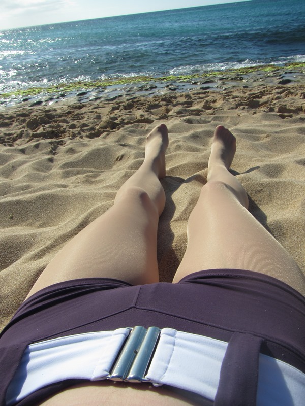 pantyhose and shorts on the beach