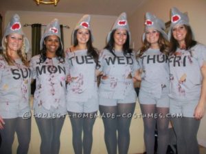 halloween_shark week costume, girls wearing grey tights and self-made gory t-shirts