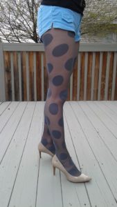 grey polka dot pantyhose from Ukraine on my legs - Ukrainian brand hosiery