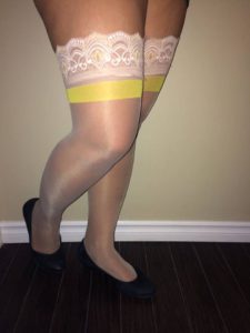 Lemonade Stay Up Stockings by Fiore Hosiery on Juliana tanned legs